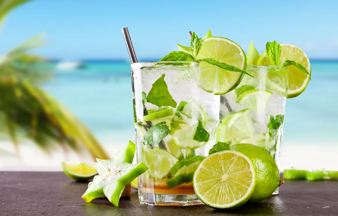 Фото обои море, пляж, коктейль, лайм, fresh, drink, mojito, cocktail