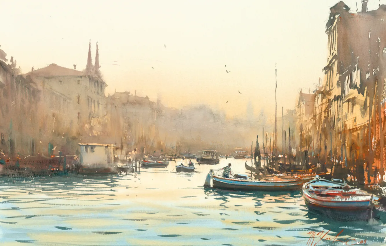 Фото обои рассвет, лодки, акварель, венеция, каналы