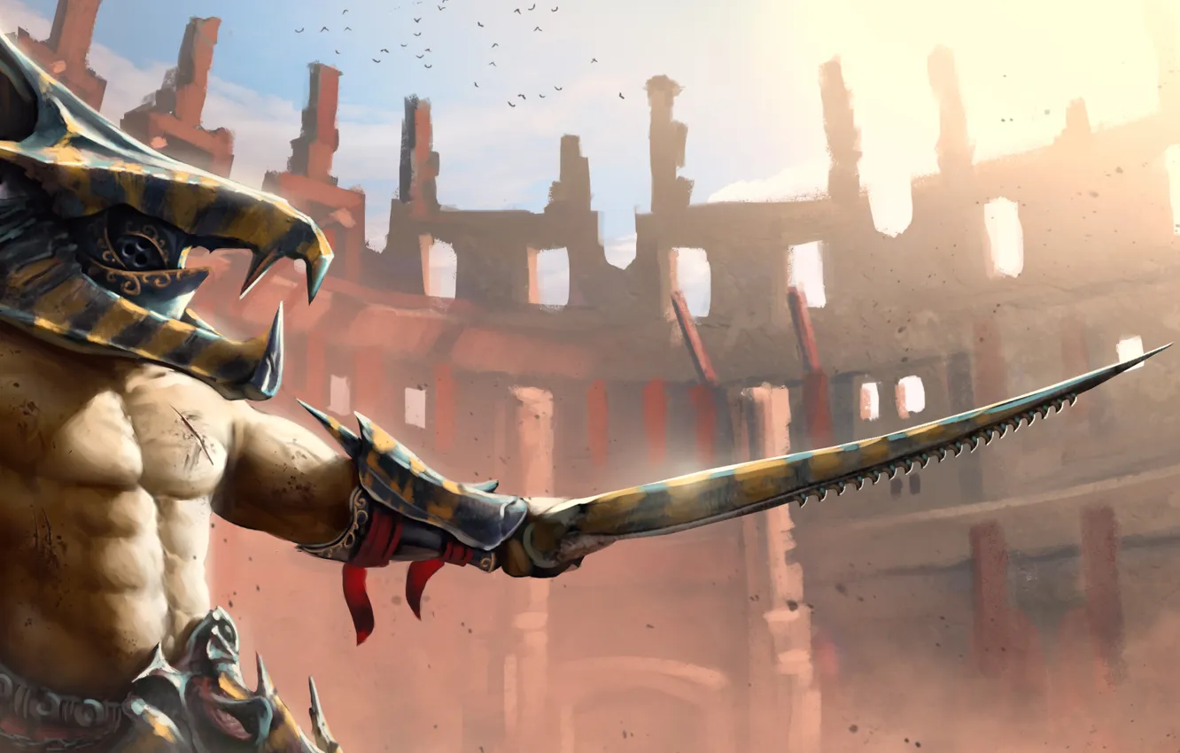 Фото обои меч, воин, шлем, щит, арена, колизей, gladiator, гладиатор