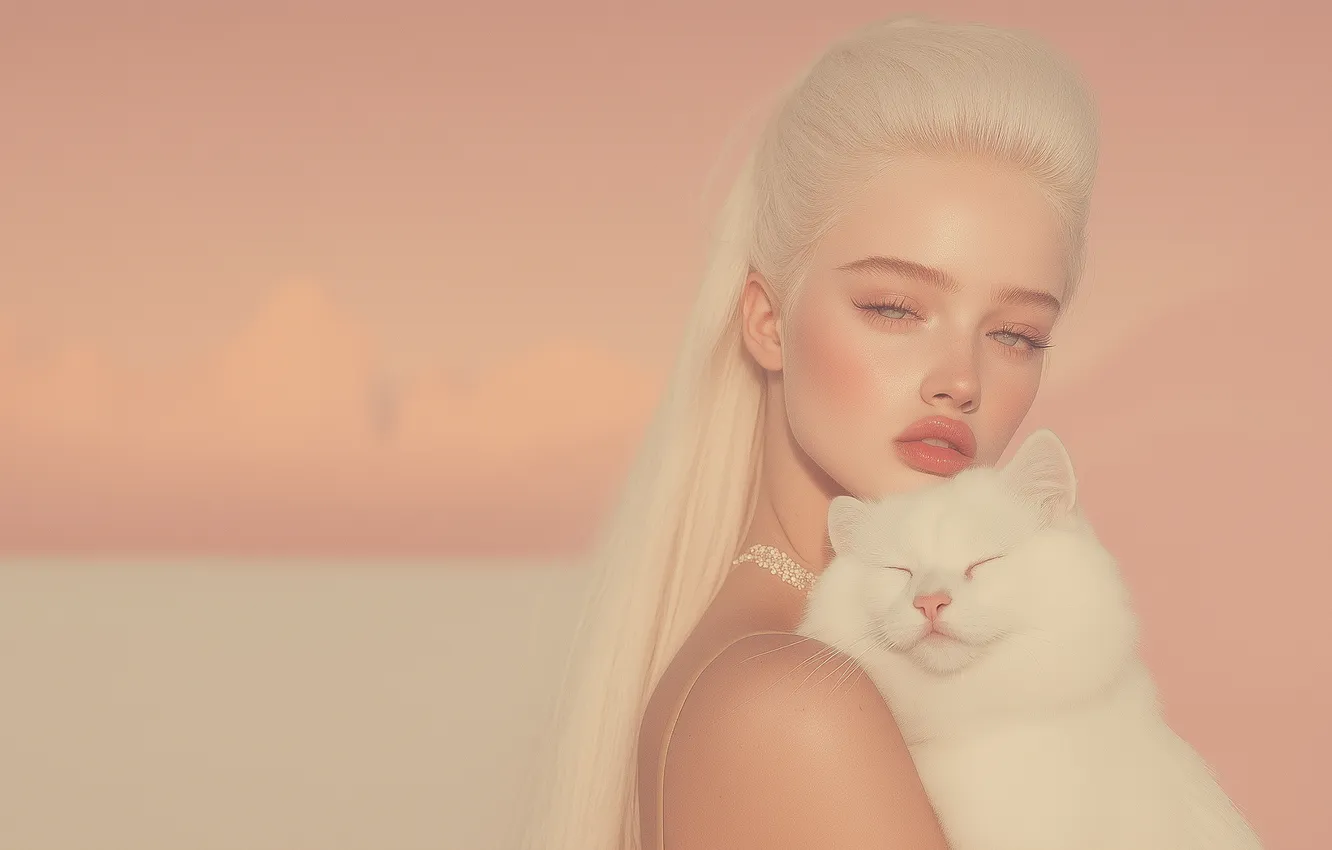 Фото обои animals, sunset, model, lips, cats, blonde, pet, furry