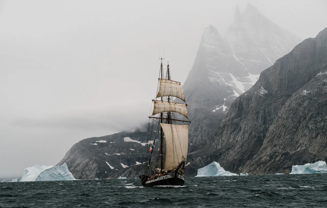 Фото обои скалы, парусник, водоём, Greenland, Expedition to Scorestby Sound