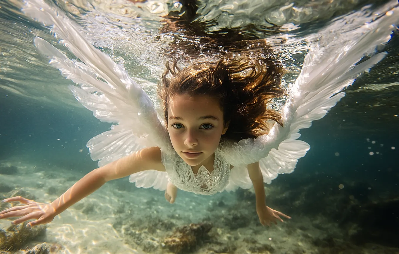 Фото обои взгляд, вода, поза, крылья, ангел, руки, купание, фэнтези