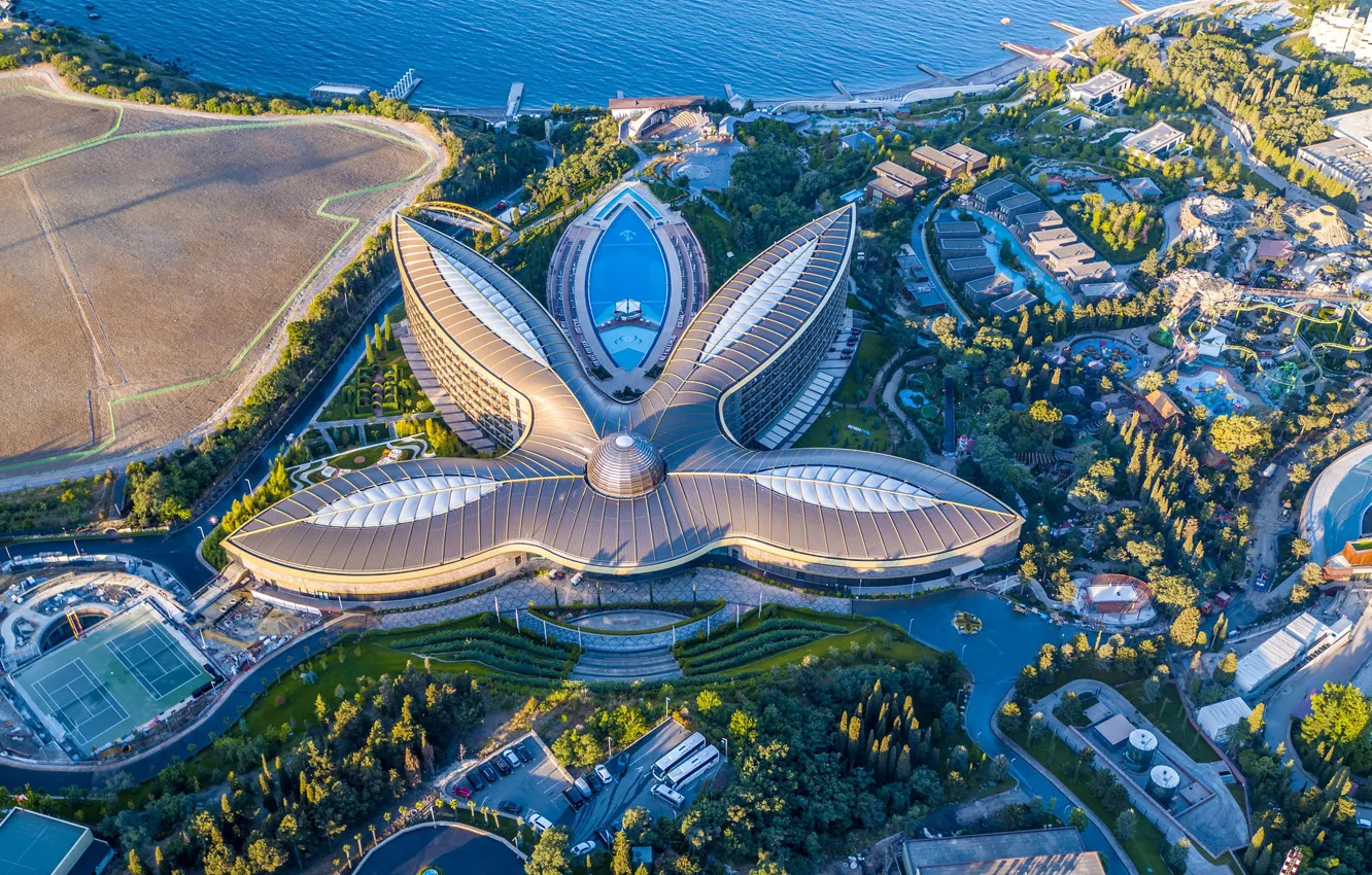 Фото обои море, побережье, здание, панорама, Россия, архитектура, Крым, Ялта
