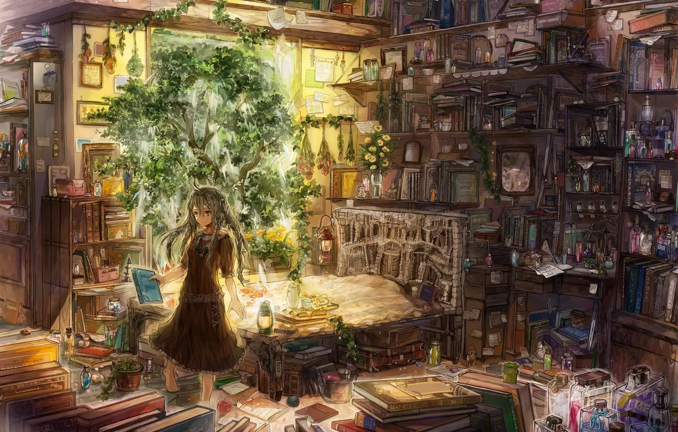 Фото обои лампы, книги, растения, девочка, травы, зелья, экстракты, зертезебиль