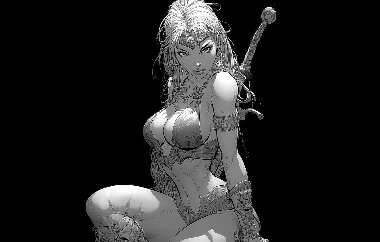Фото обои black, monochrome, women, Illustration, drawing, Barbarian, bare shoulders, looking at viewer