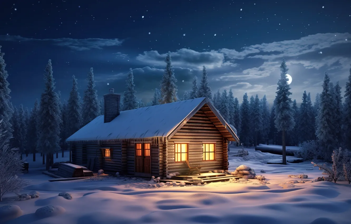 Фото обои зима, лес, снег, ночь, house, хижина, christmas, forest