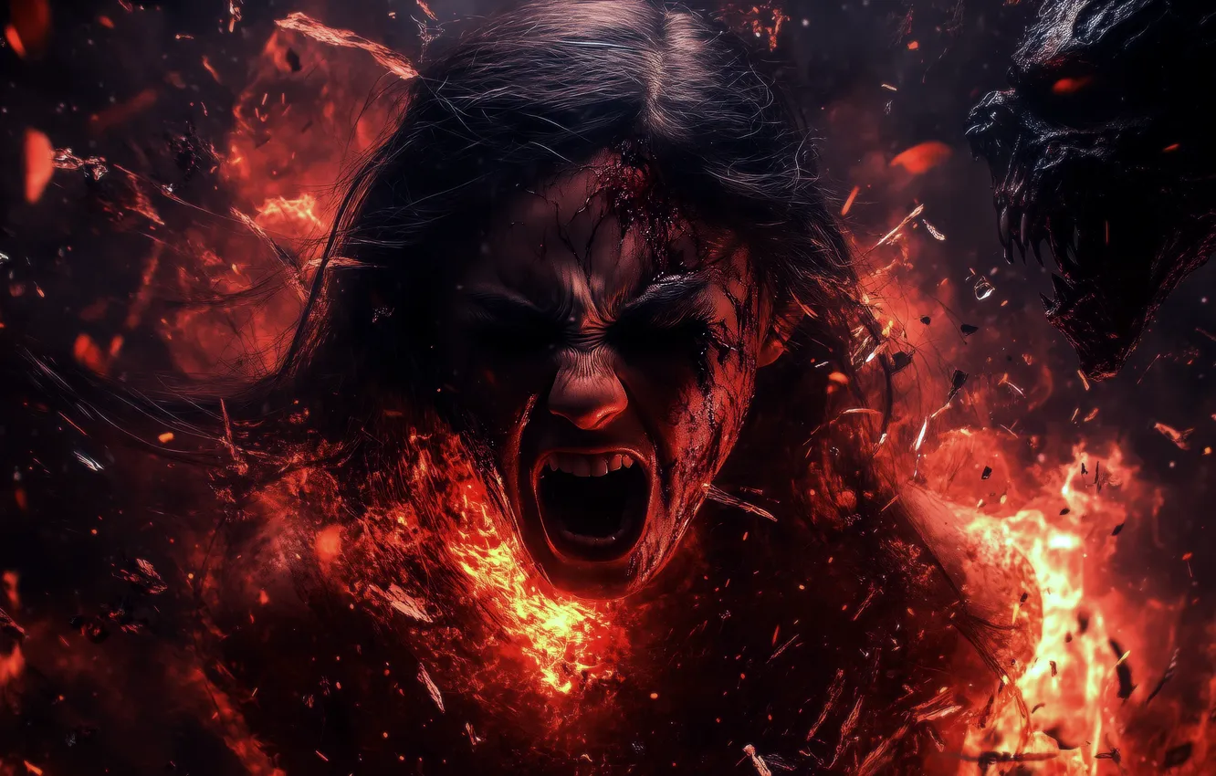 Фото обои гнев, огонь, пламя, кровь, демон, demon, fire, horror
