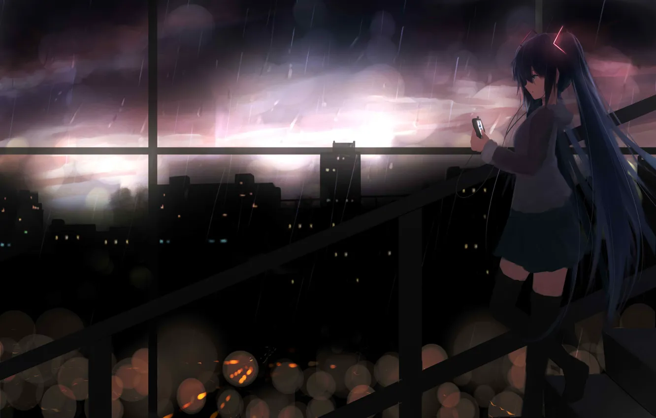 Фото обои девушка, город, дождь, аниме, наушники, арт, vocaloid, hatsune miku