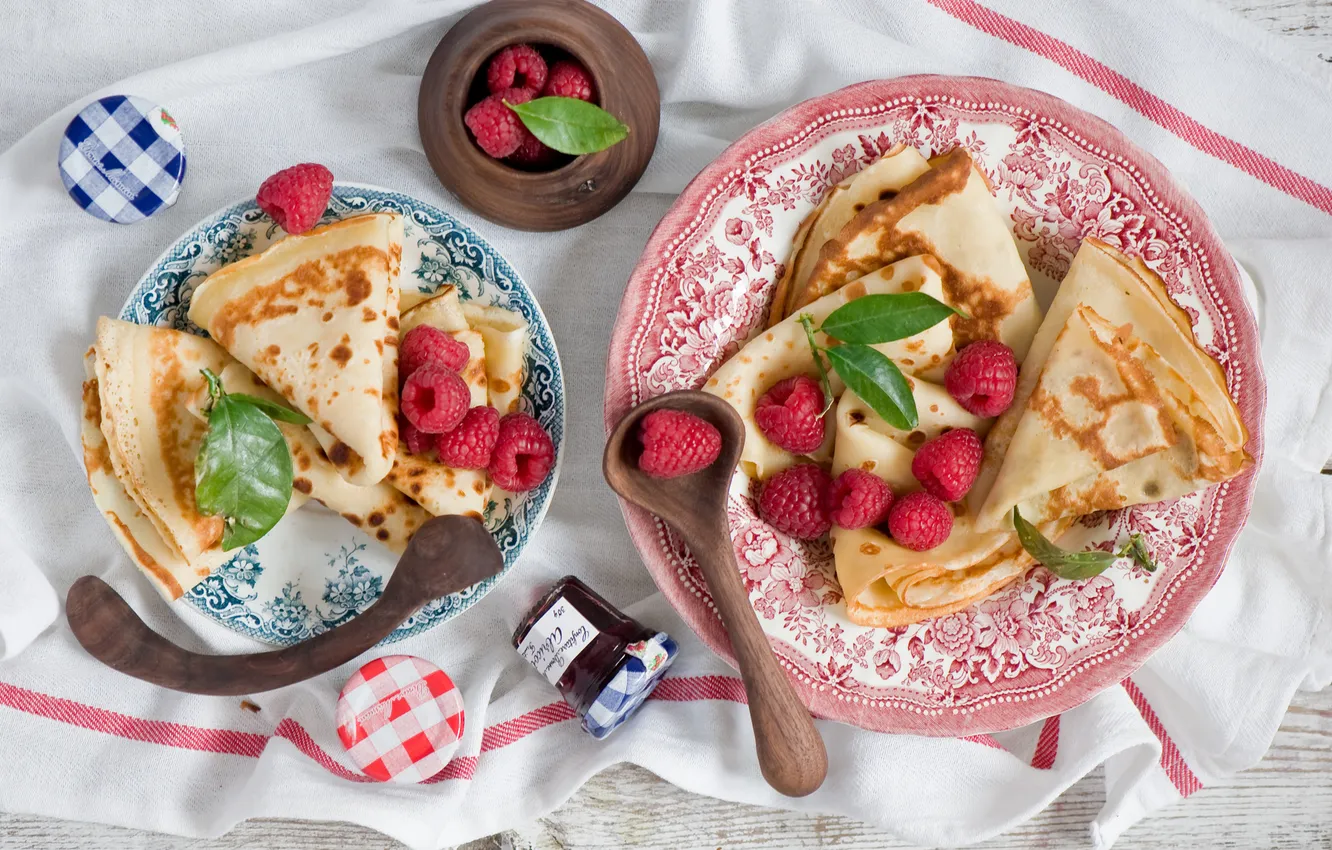 Фото обои завтрак, утро, джем, блины с ягодами