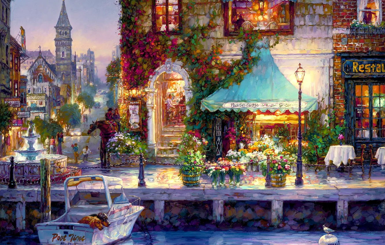 Фото обои цветы, город, река, лодка, дома, вечер, фонарь, ресторан