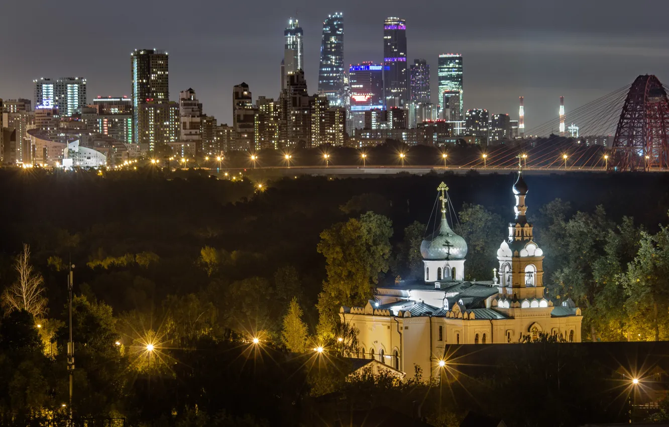 Фото обои ночь, город, здания, дома, освещение, церковь, Москва