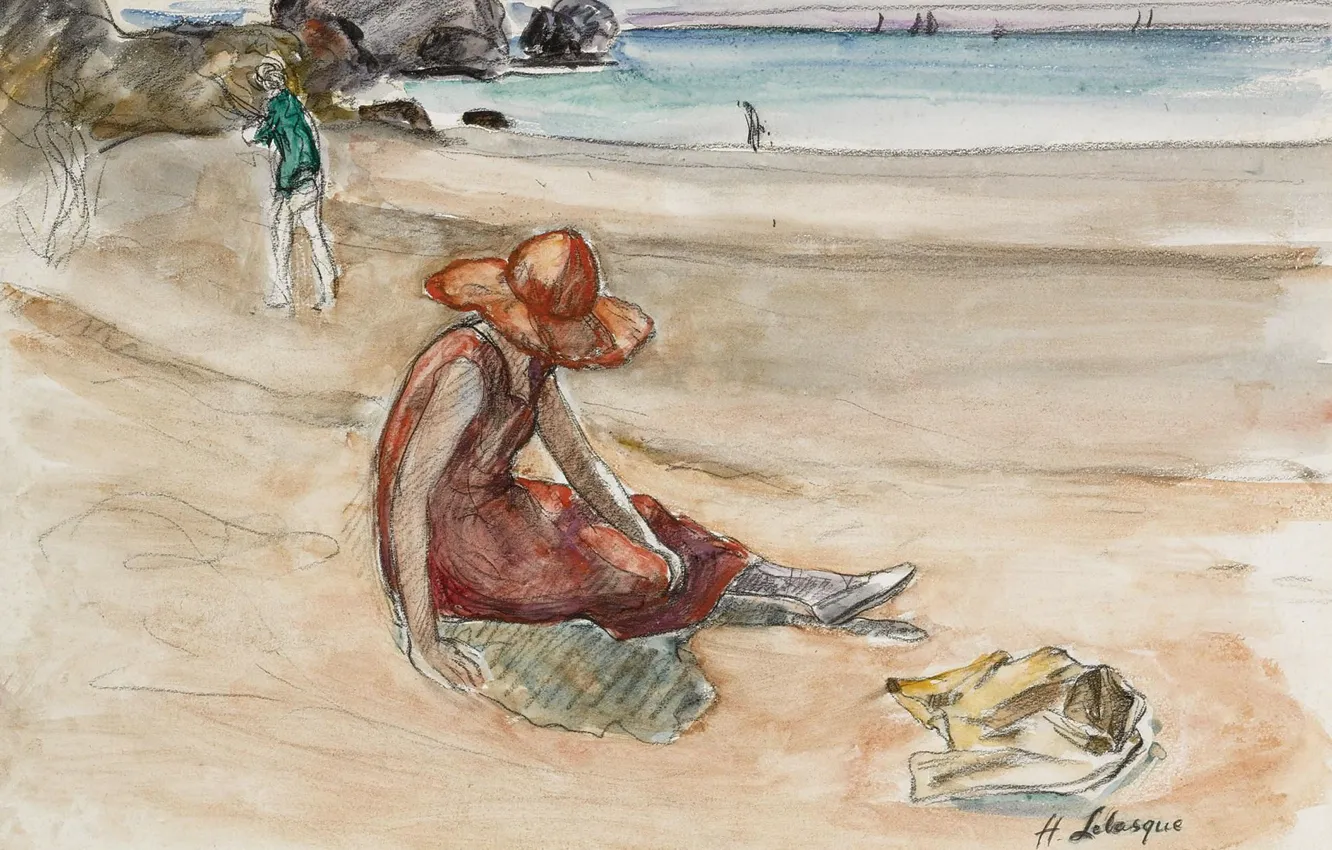 Фото обои берег, рисунок, шляпа, Henri Lebasque, Анри Лебаск, Молодая Девушка