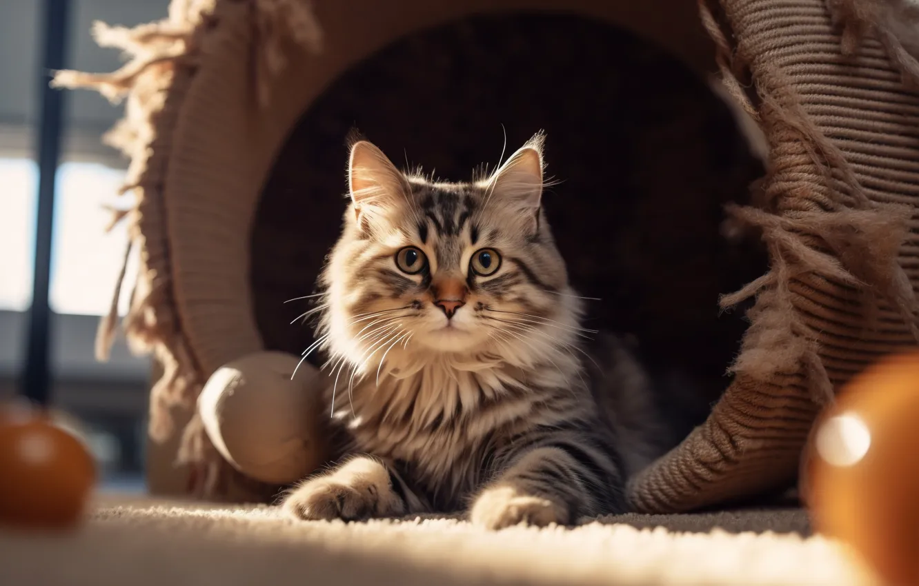 Фото обои кошка, взгляд, поза, котенок, мячики, мордашка, корзинка, полосатый
