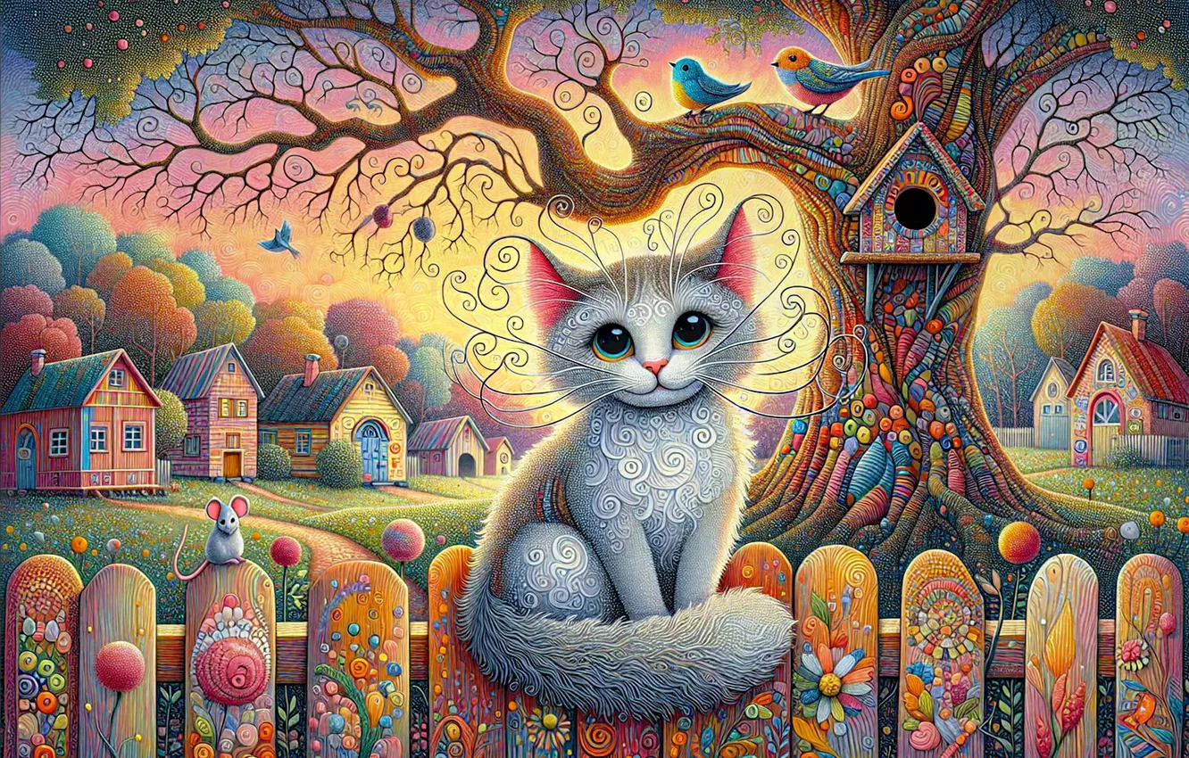 Фото обои кошка, кот, птицы, серый, дерево, забор, стилизация, деревня