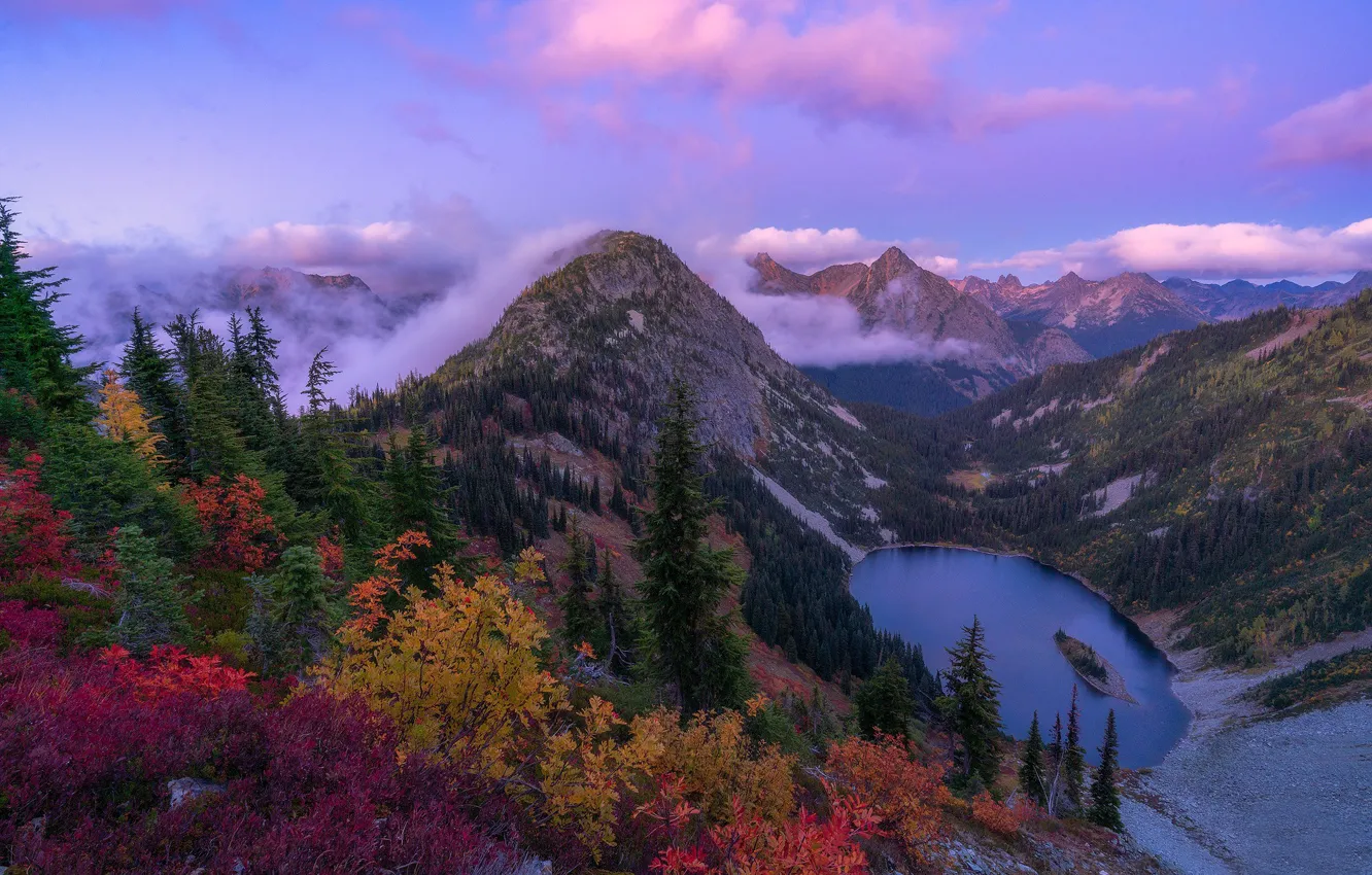 Фото обои осень, деревья, горы, озеро, штат Вашингтон, Каскадные горы, Washington State, Cascade Range