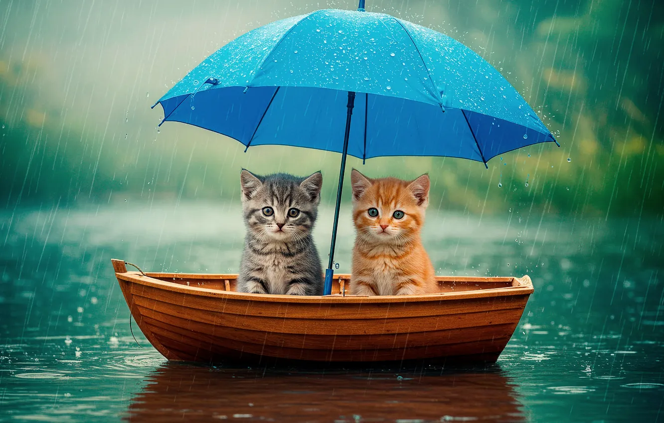 Фото обои вода, фон, дождь, обои, лодка, зонт, арт, котята