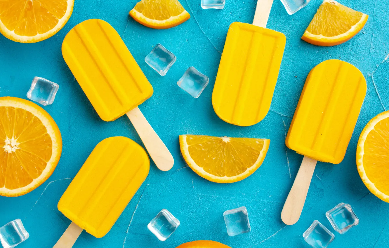 Фото обои фон, апельсины, мороженое, эскимо, дольки, кубики льда, апельсиновое