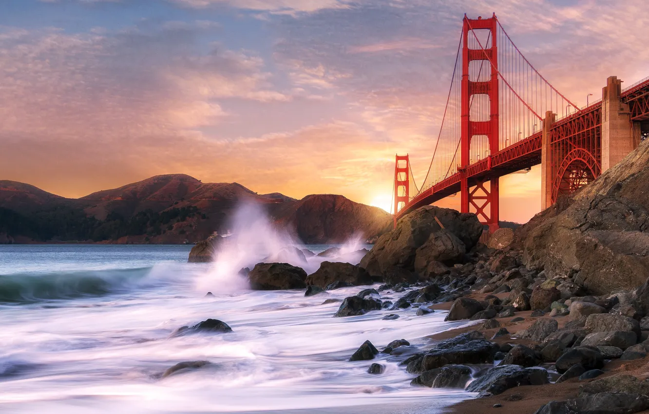 Фото обои море, мост, камни, скалы, Сан-Франциско, Золотые Ворота, США