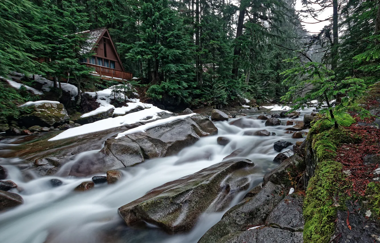 Фото обои лес, деревья, дом, река, камни, каскад, Washington State, Штат Вашингтон