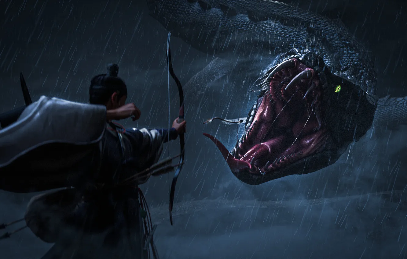 Фото обои dark, fantasy, snake, rain, night, dragon, artist, digital art