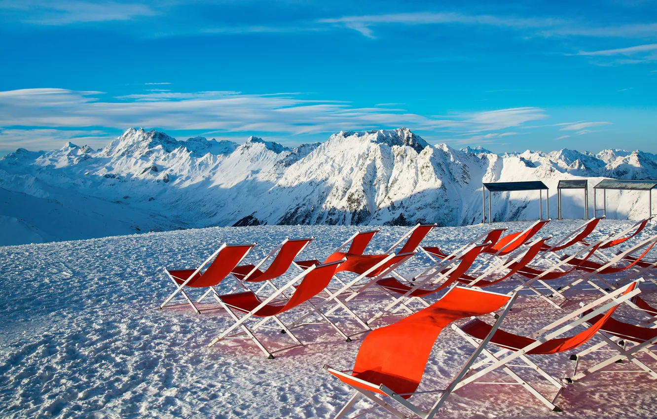 Фото обои зима, небо, солнце, снег, горы, отдых, Австрия, Альпы