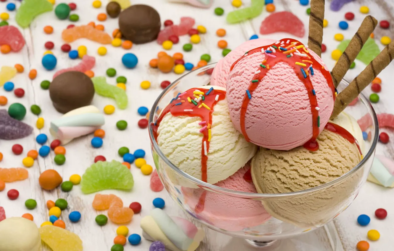 Фото обои стол, еда, розовое, конфеты, мороженое, десерт, dessert, ice cream