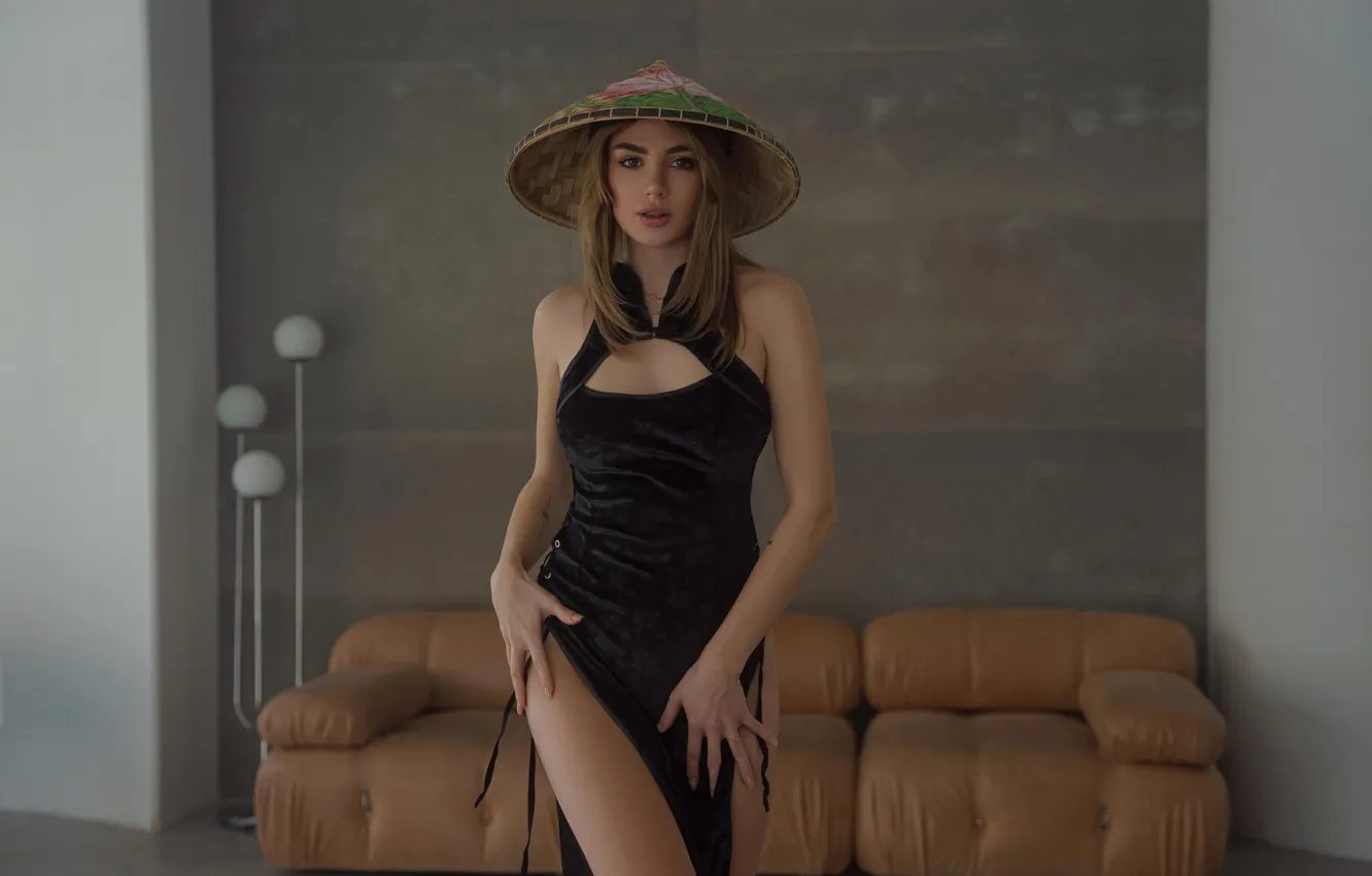 Фото обои girl, dress, legs, hat, beautiful