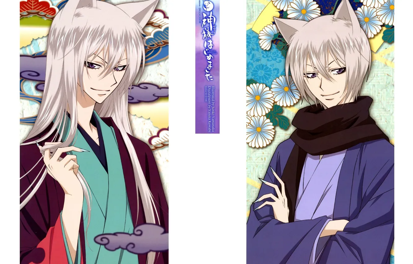 Фото обои улыбка, бог, шарф, кимоно, ушки, демон-лис, tomoe, очень приятно