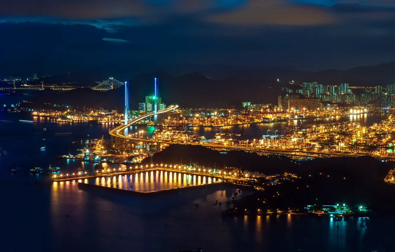 Фото обои ночь, огни, Гонконг, Китай, гавань, Hong Kong