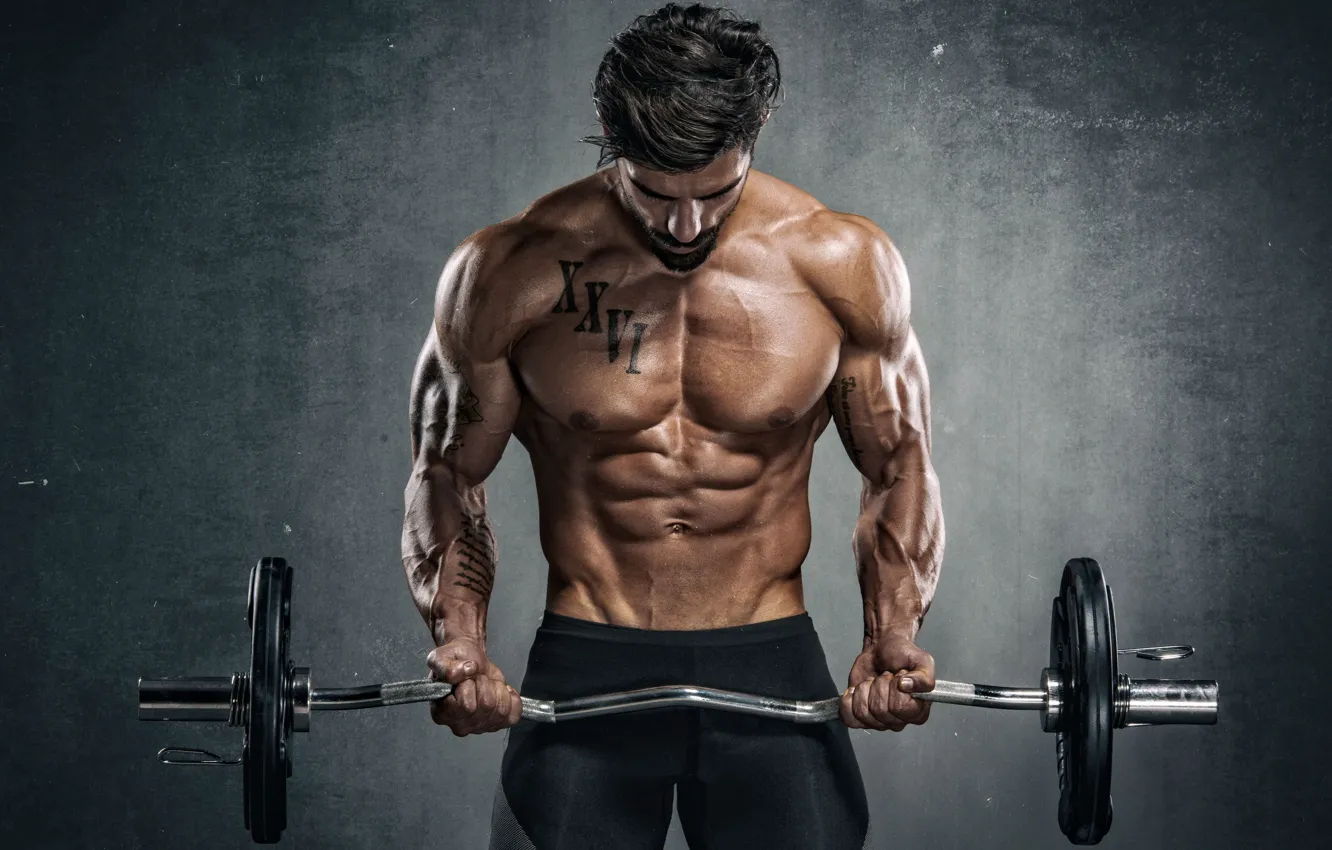 Фото обои поза, muscle, мышцы, штанга, пресс, атлет, gym, бодибилдер