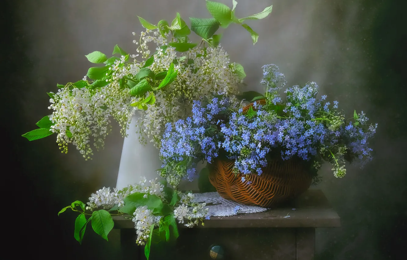 Фото обои листья, цветы, букет, весна, голубые, тумбочка, ваза, белые