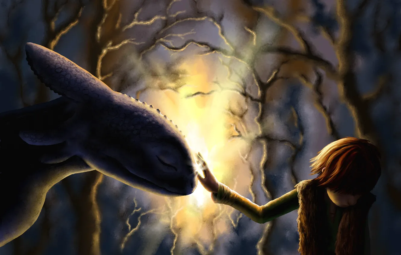 Фото обои солнце, деревья, дракон, парень, жест, art, как приручить дракона, ночная фурия