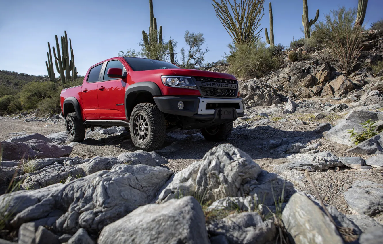 Фото обои красный, камни, Chevrolet, кактусы, пикап, Colorado, 2019, ZR2 Bison