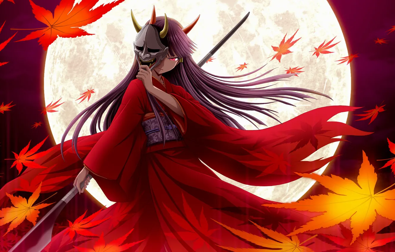 Фото обои ветер, маска, рога, копье, кимоно, полнолуние, красные глаза, длинные волосы