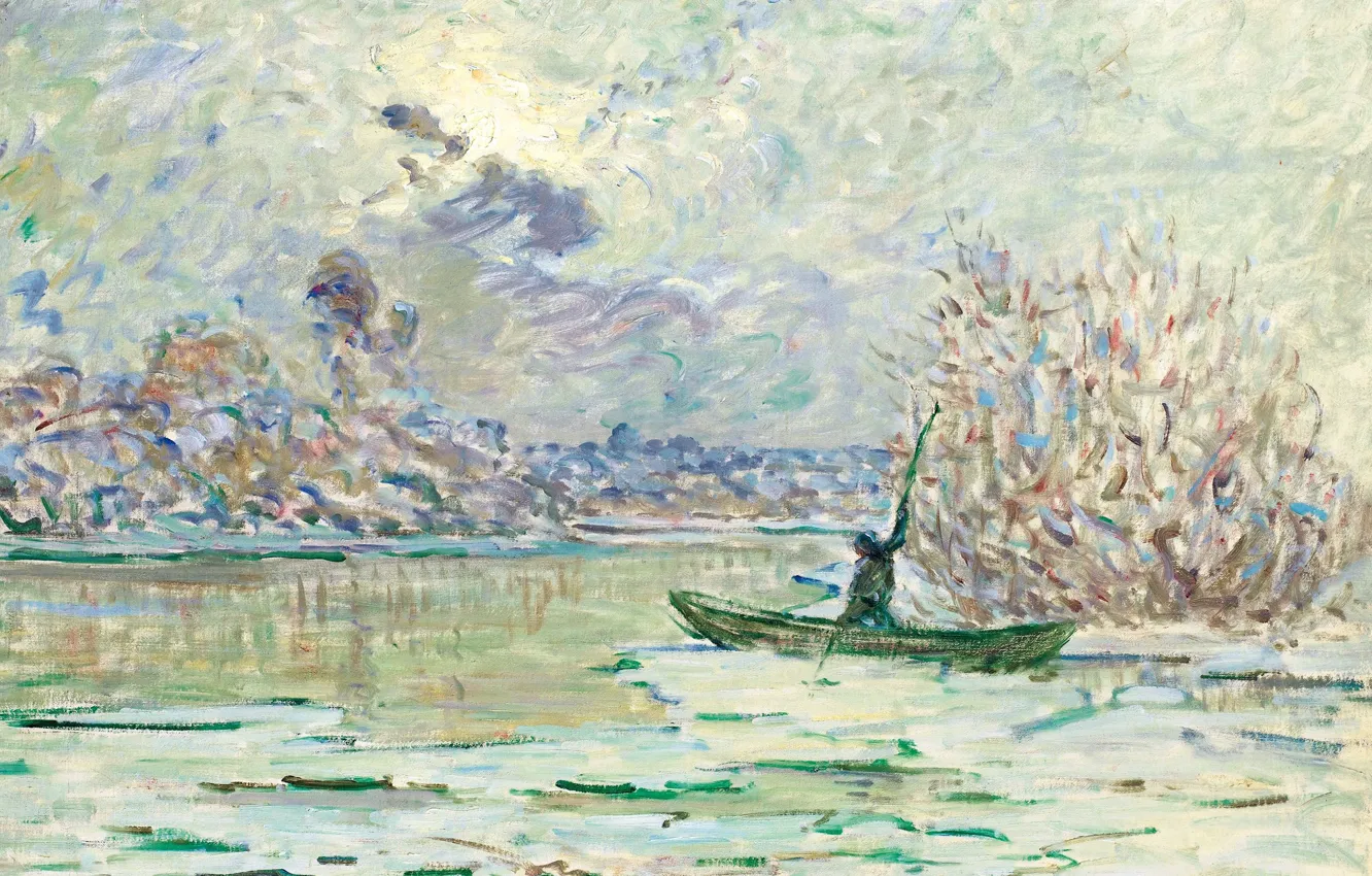 Фото обои пейзаж, лодка, картина, Claude Monet, Клод Моне, Зима возле Лавакора