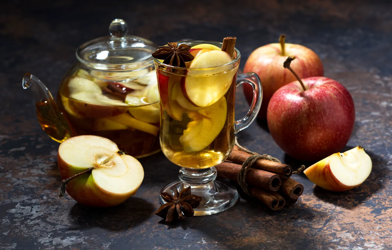 Фото обои яблоки, чайник, кружка, напиток, корица
