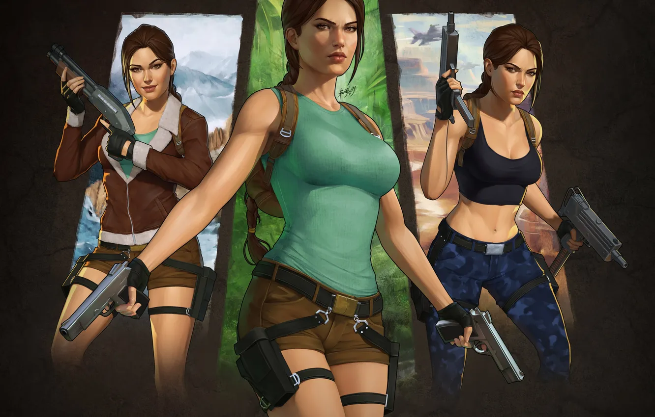 Фото обои Tomb Raider, классика, Lara Croft, девушка с оружием, Game Art, красота лица, игровая классика