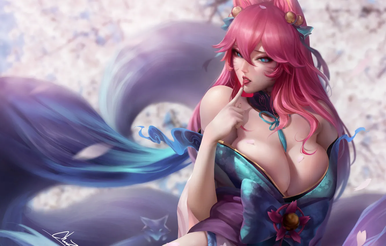 Фото обои девушка, сакура, цветение, лисица, League of Legends, Ahri