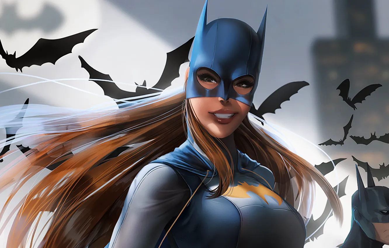 Фото обои девушка, улыбка, маска, арт, красотка, летучие мыши, Batgirl, Бэтгёрл