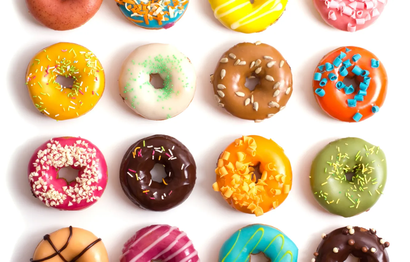 Фото обои colorful, пончики, десерт, выпечка, сладкое, глазурь, donuts