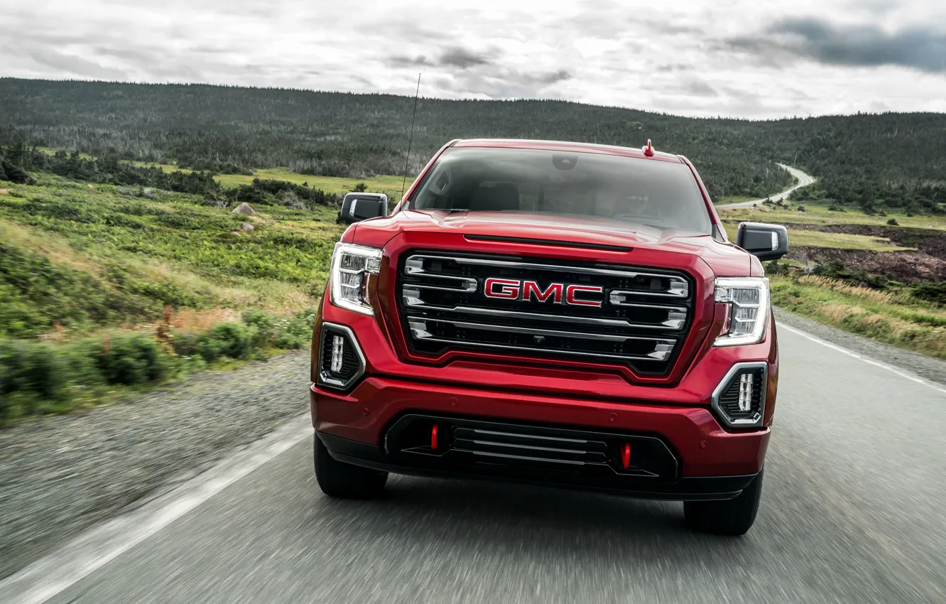 Фото обои красный, вид спереди, пикап, GMC, Sierra, AT4, 2019