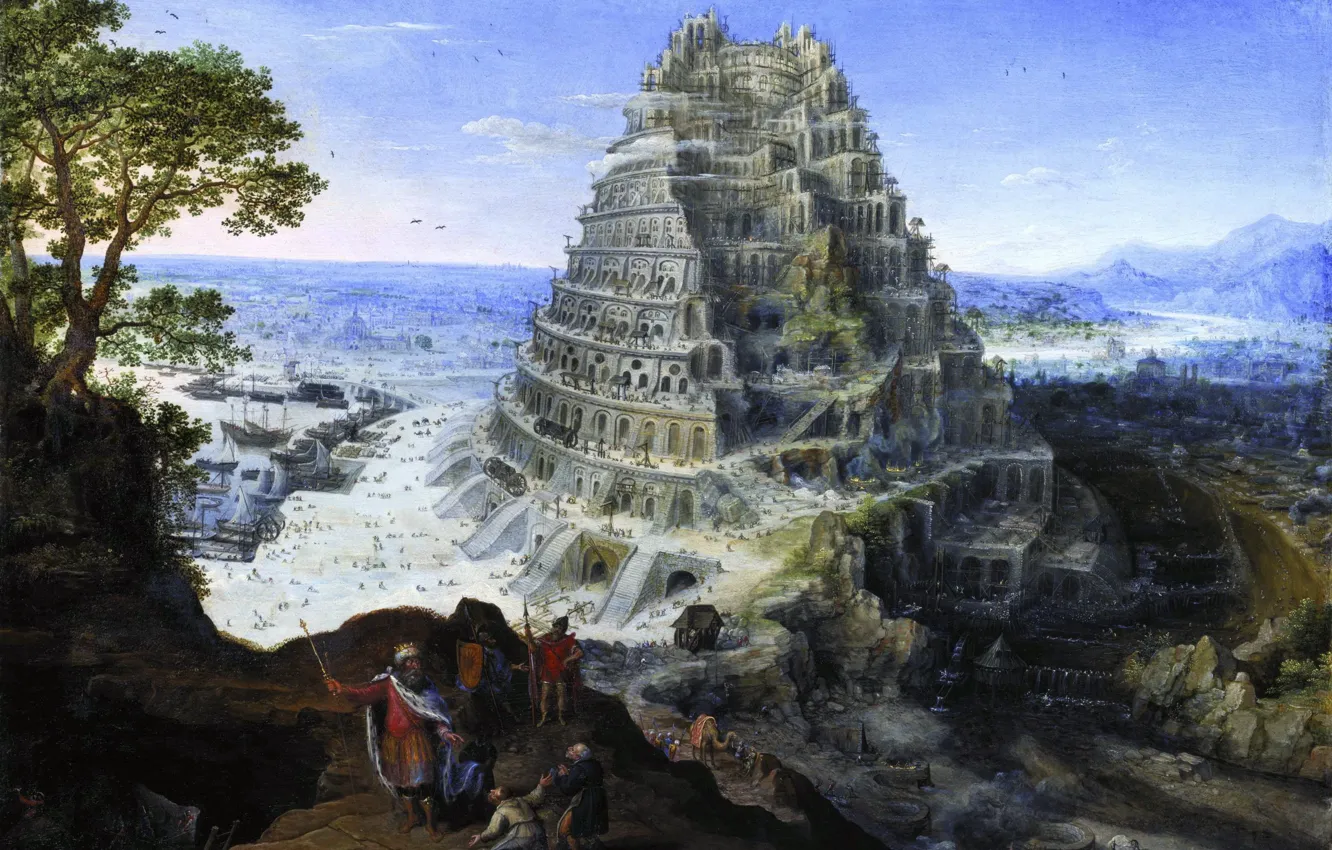 Фото обои башня, корабли, вавилон, Tower of Babel, Лукас, Фалькенборх, Lucas van Valckenborch, Вавилонская башня