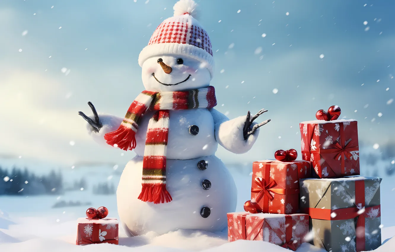 Фото обои зима, снег, Рождество, Новый год, снеговик, Christmas, winter, snow