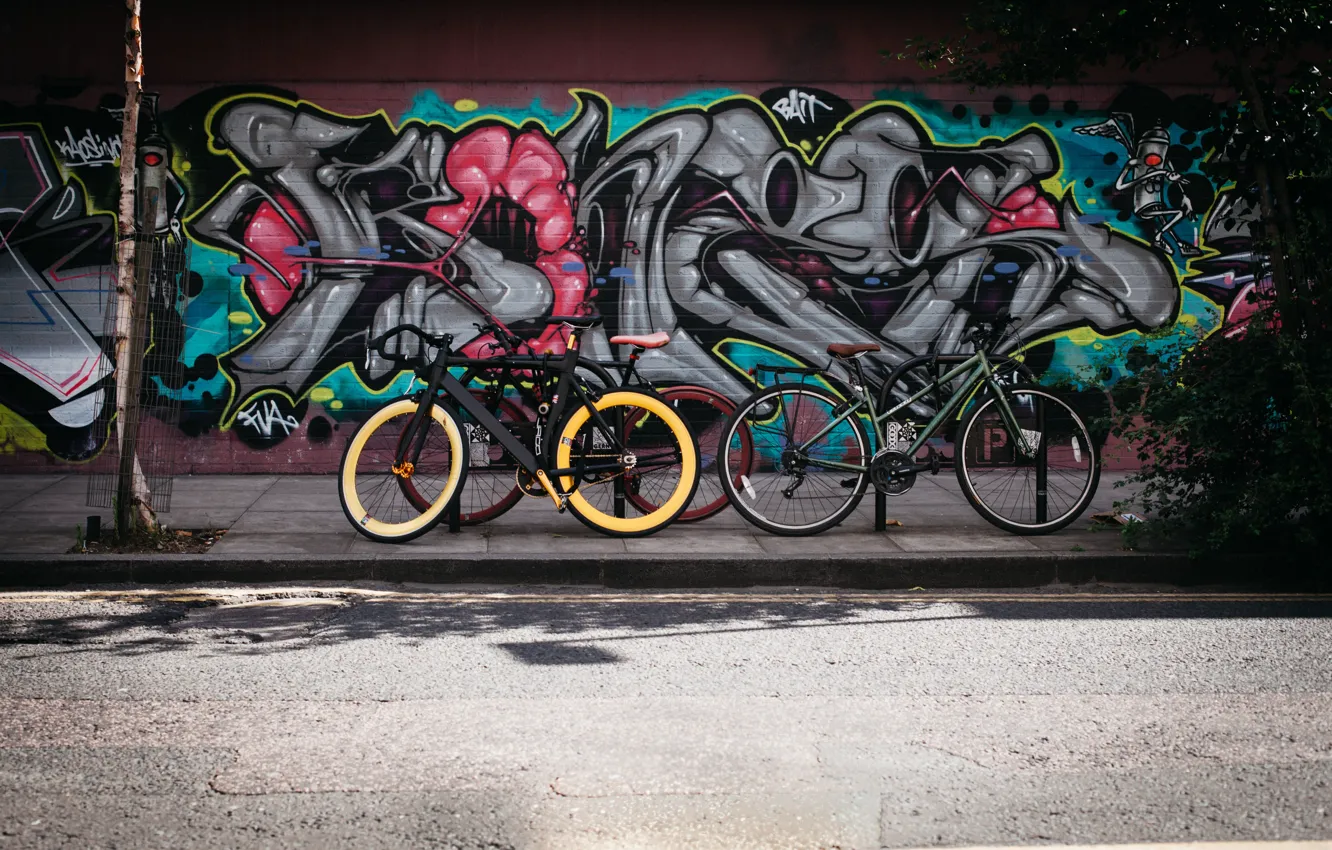 Фото обои дорога, велосипед, стена, улица, граффити, hdr, ultra hd