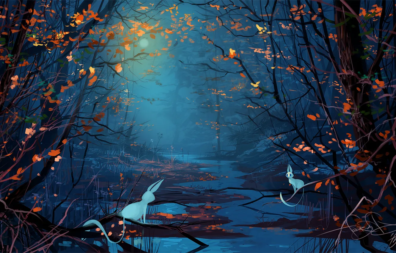 Фото обои лес, животные, деревья, ночь, фантазия, луна, арт