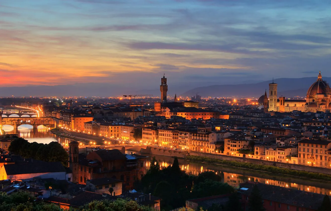 Фото обои закат, мост, город, вид, дома, вечер, Италия, Флоренция