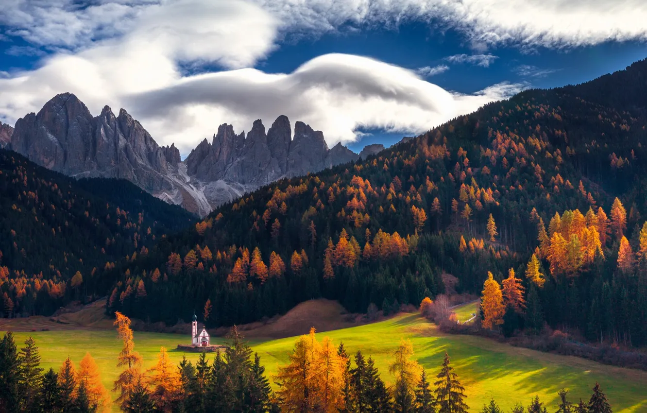 Фото обои осень, лес, небо, облака, горы, Альпы