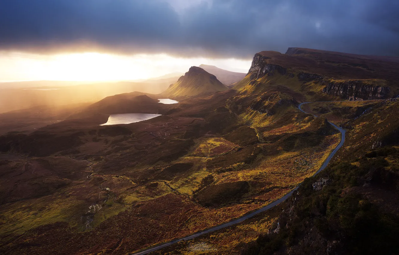 Фото обои дорога, осень, закат, горы, рассвет, холмы, Шотландия