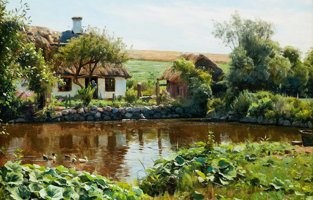 Фото обои Дома, Деревья, Картина, Речка, Peder Mork Monsted, Петер Мёрк Мёнстед, Peder Mørk Mønsted, Датский живописец