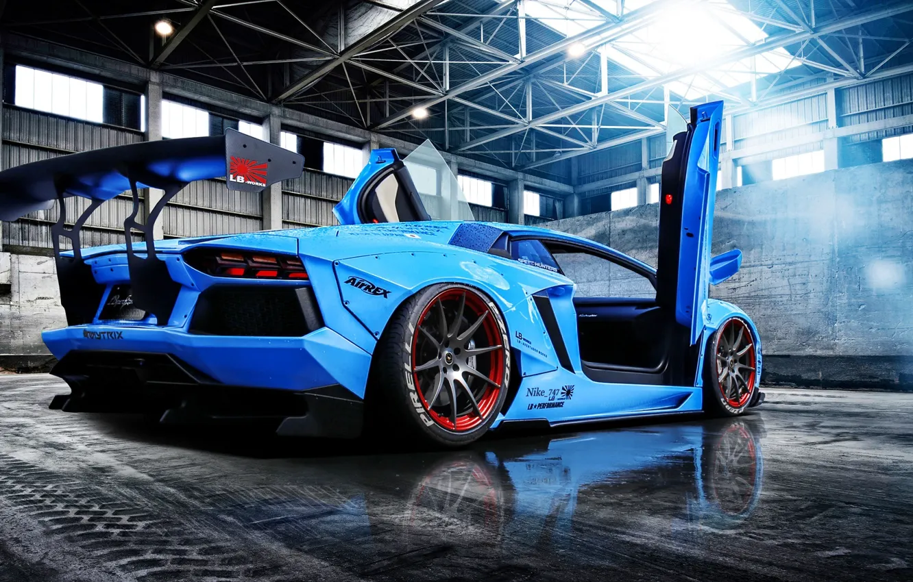 Фото обои Lamborghini, Blue, Sun, Aventador, Supercar, LP720-4, Rear, Liberty